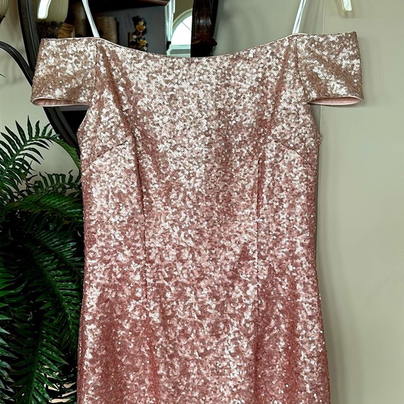 Vince Camuto Off Shoulder Coral Pink Ombre Sequin Dress Midi Sparkly Party - Picture 4 of 15